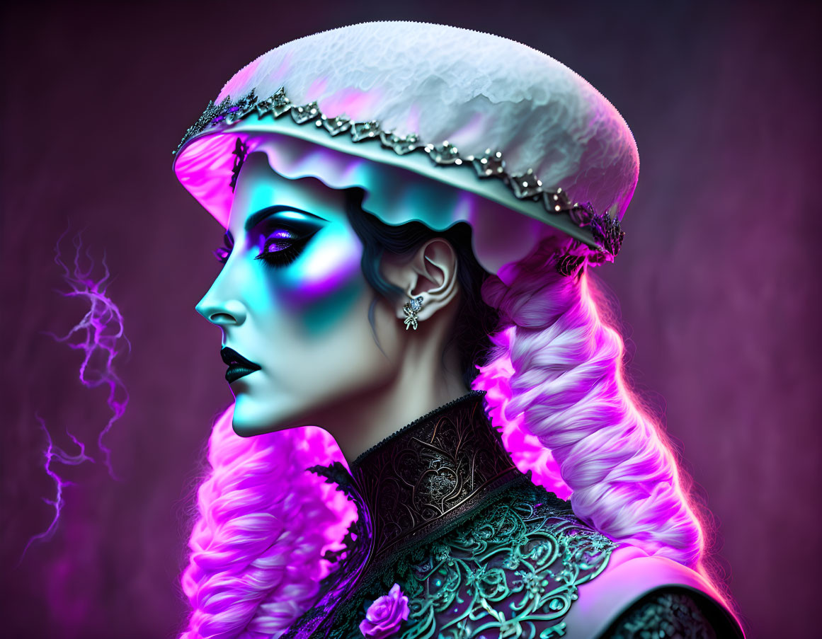 Portrait of woman with vibrant purple hair and makeup in decorative outfit against moody background