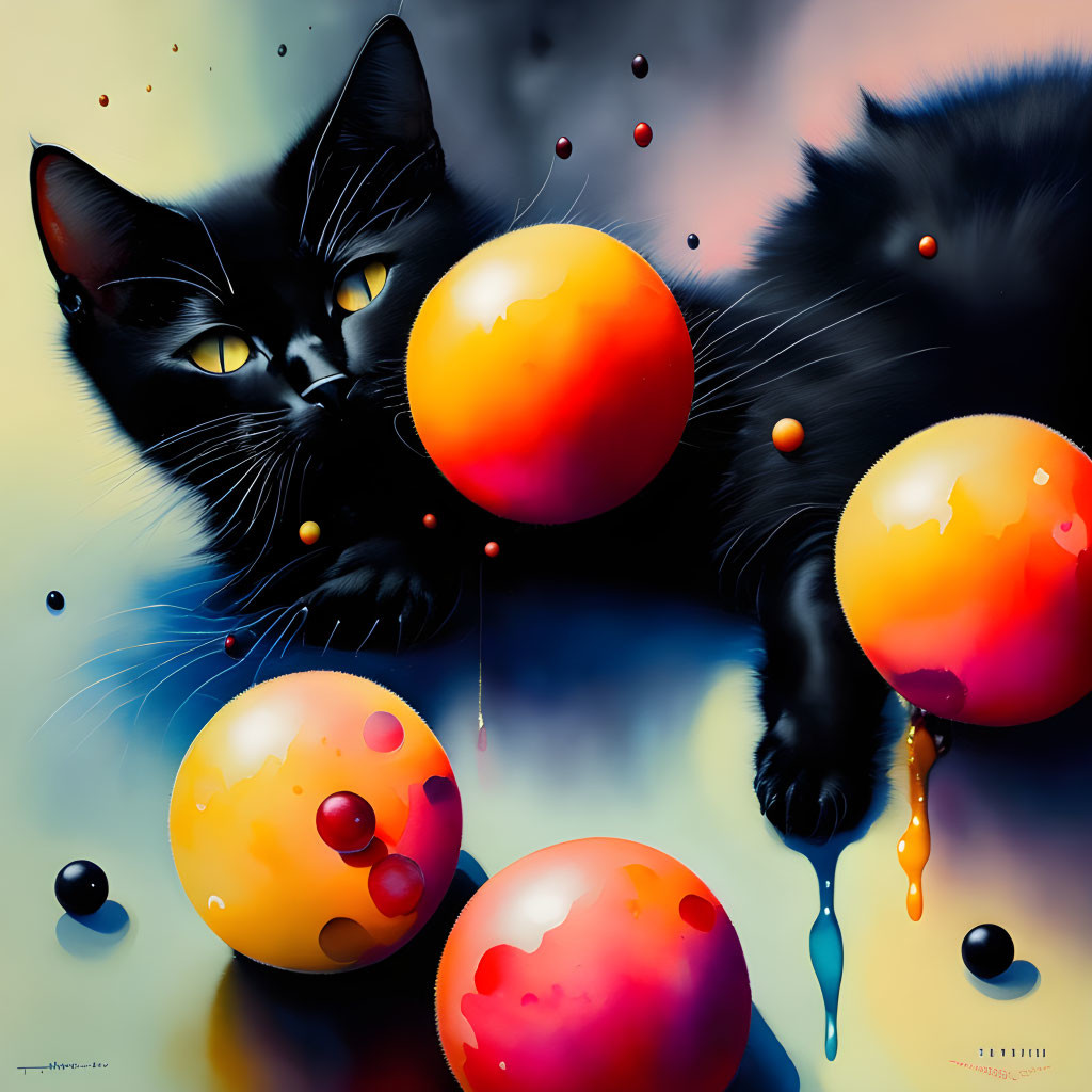 Black cat with yellow eyes in surreal setting with floating spheres