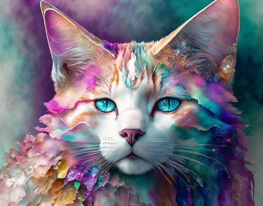 Colorful digital artwork: Cat with blue eyes & cosmic fur
