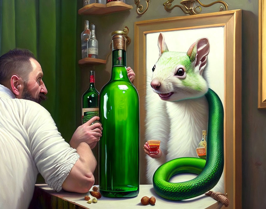 Whimsical creature and man share a drink in classical painting setting