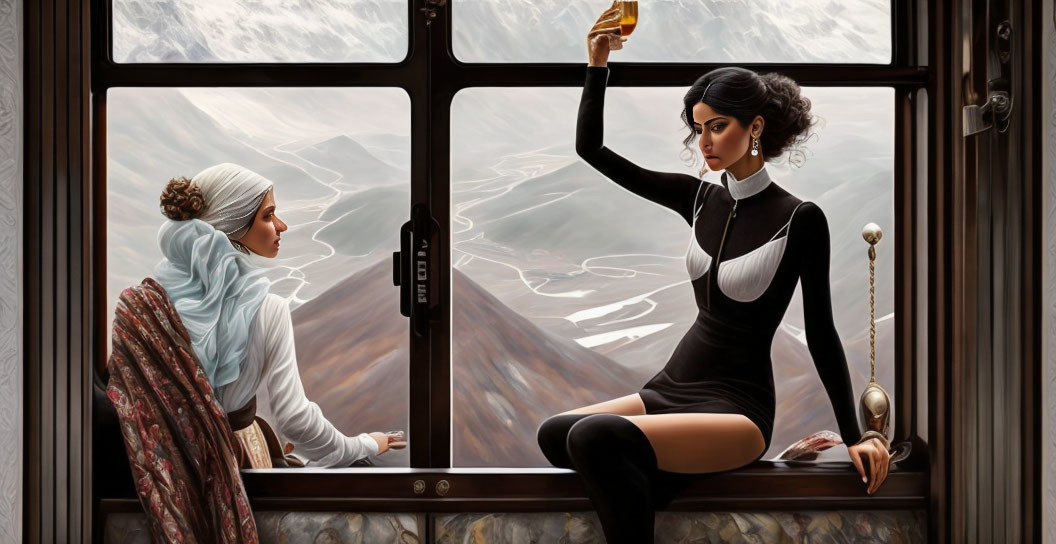 Two women in vintage train carriage with scenic mountain view.