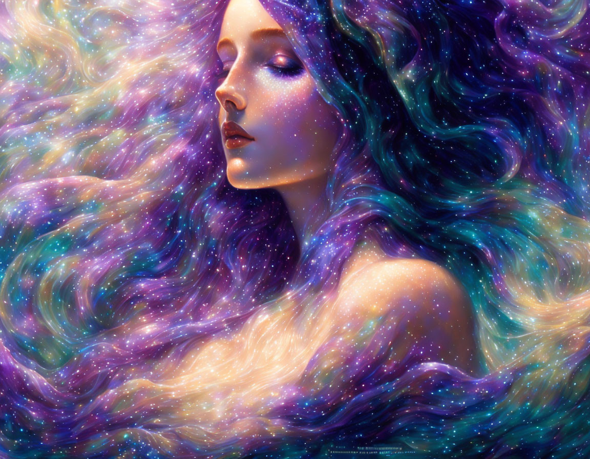 Woman's flowing hair merges with vibrant galaxy, conveying cosmic serenity.