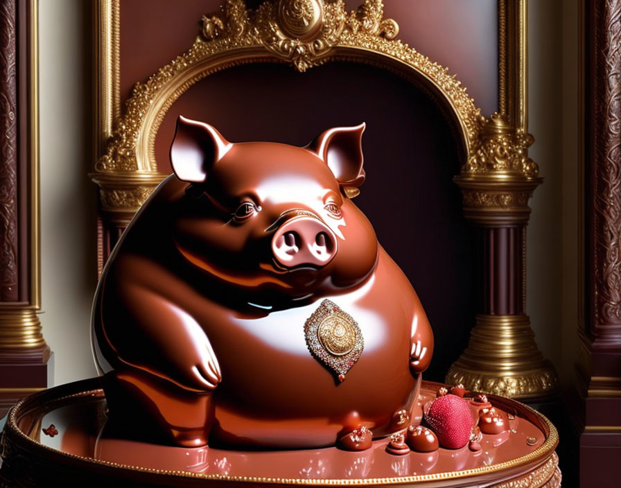 Chubby pig with jewel on cushion in luxurious room with ornate mirror