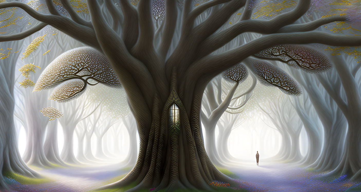Enchanting forest scene with giant tree, doorway, and solitary figure in ethereal lighting.