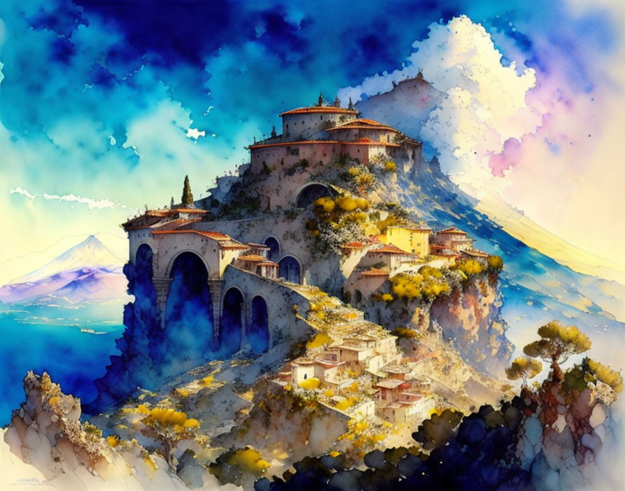 Idyllic hilltop village watercolor painting with lush foliage