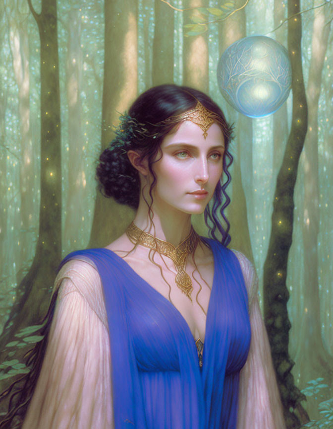 Digital artwork of a woman in blue gown, surrounded by mystical forest and glowing orbs