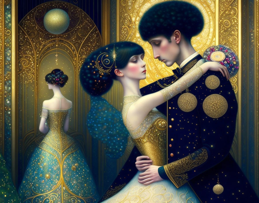 Romantic couple in star-patterned attire dancing with mirror reflection