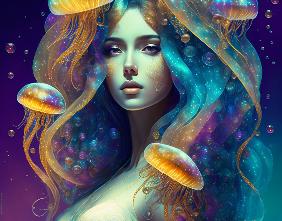 Fantasy illustration of woman with jellyfish and bubbles in flowing hair