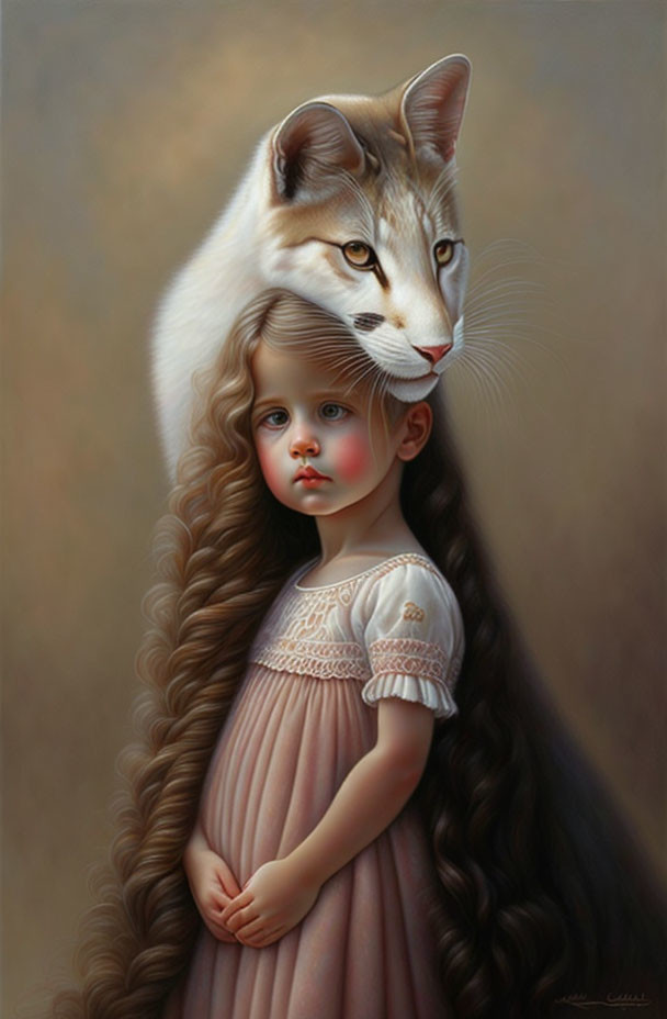 Surreal painting featuring young girl and cat's head blend fantasy and realism