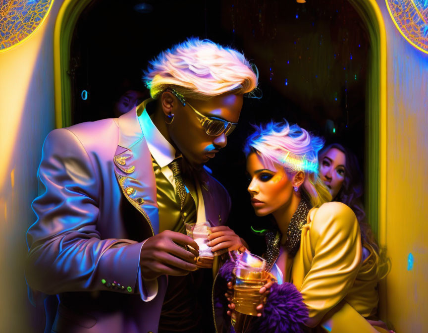 Fashionable couple with unique hairdos in neon-lit setting with drinks
