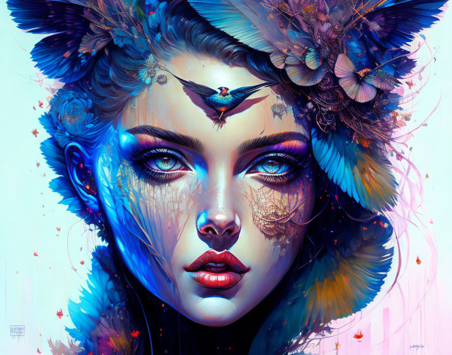 Colorful Digital Artwork: Woman with Blue Feathers and Bird on Abstract Background