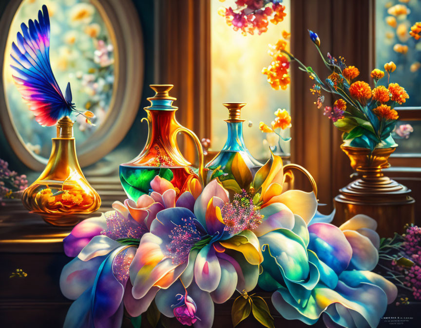 Colorful still life painting with flowers, glassware, and bird in flight