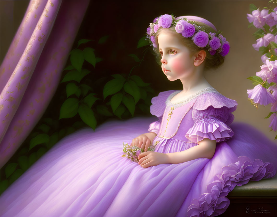 Young girl in purple dress with floral crown gazes out window beside blooming flowers