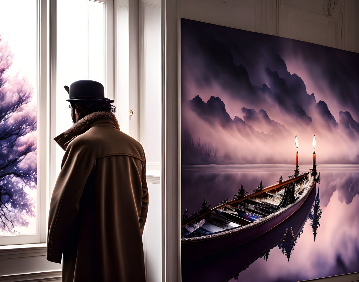 Person in trench coat gazes out window next to candlelit boat artwork