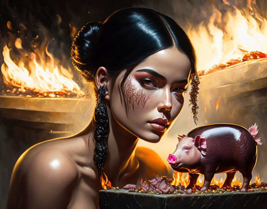 Woman with striking makeup near flames and piglet on barbeque setting.