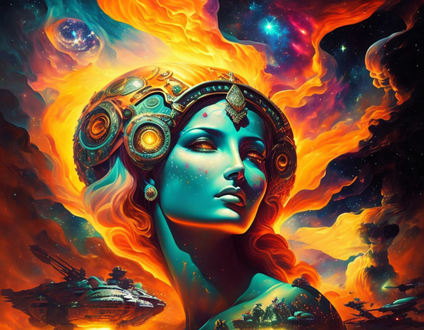 Colorful female figure with cosmic headdress in fiery nebula setting