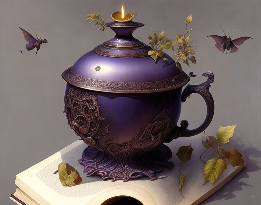 Purple Teapot with Intricate Designs on Open Book with Butterflies