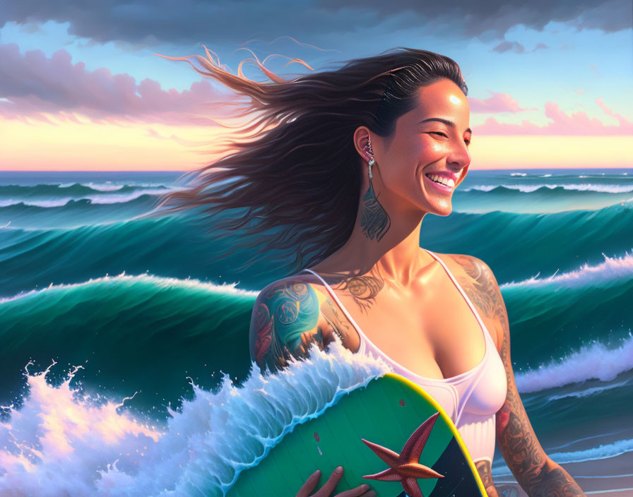 Smiling woman with tattoos holding surfboard by ocean sunset