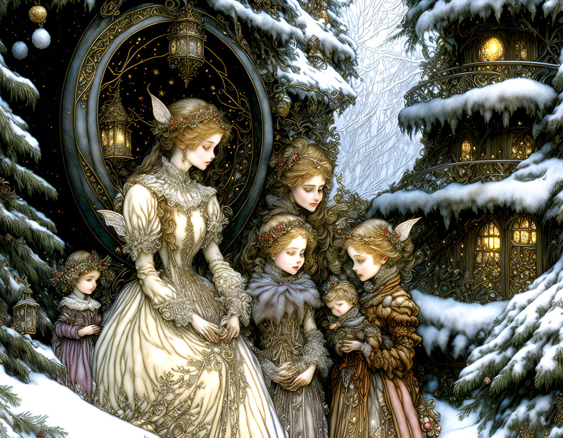 Five ethereal beings in elaborate winter attire near ornate gate in snowy landscape