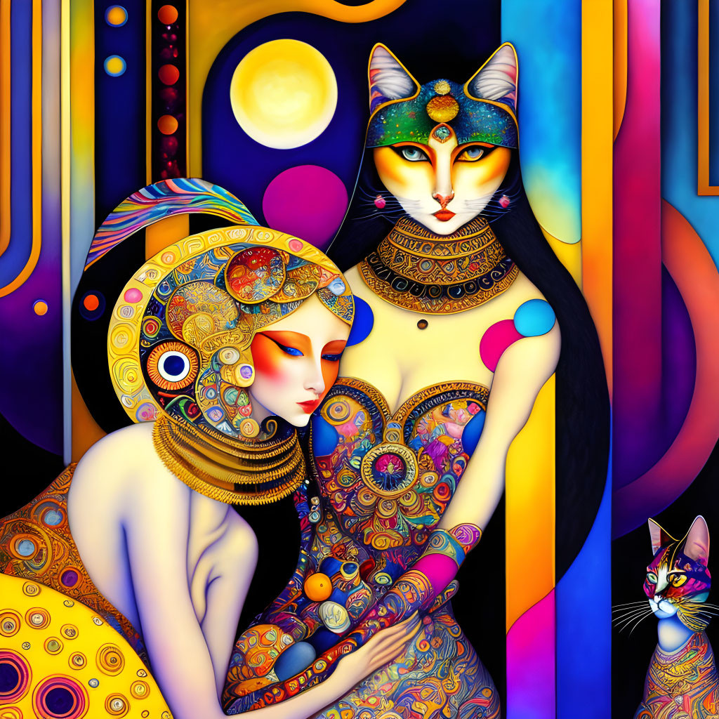 Colorful Artwork: Woman, Cats, Celestial Background