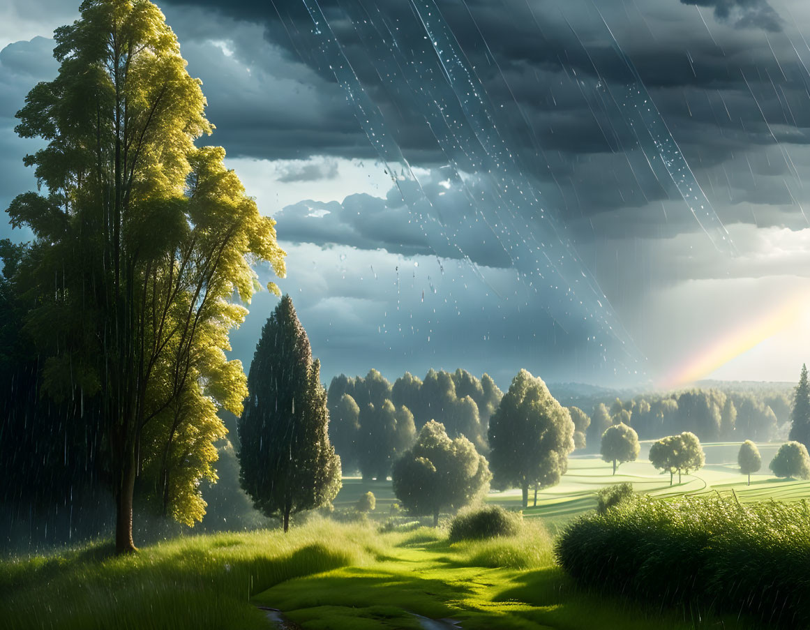 Rainbow over lush green landscape with path, trees, sunlight, clouds, and rain.