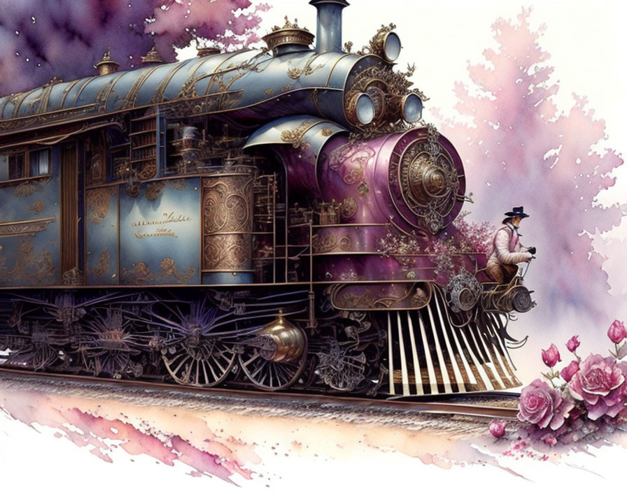 Vintage ornate train with purple and gold details, person in top hat, pink roses.