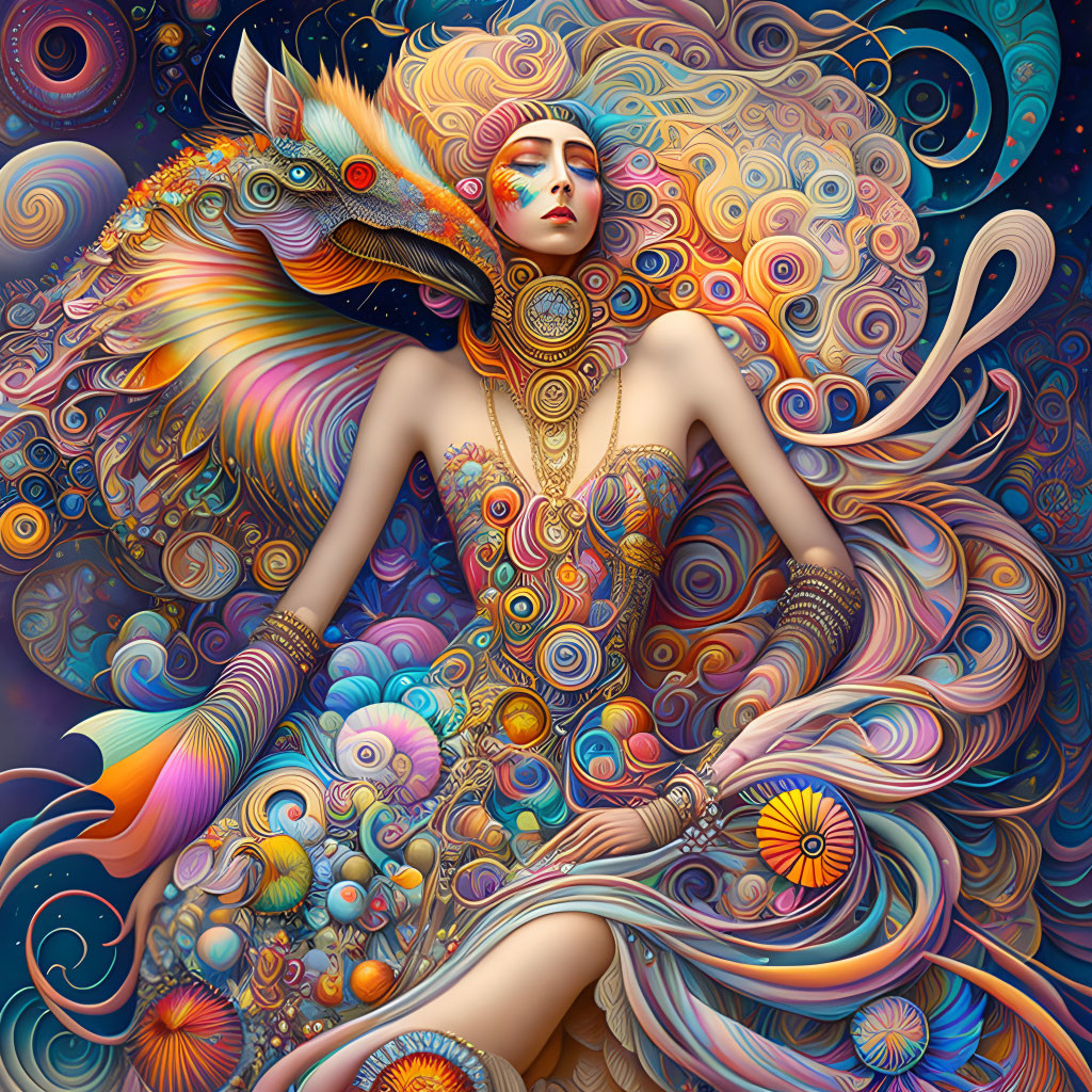 Vibrant illustration of woman with ornate headdress and mythological motifs