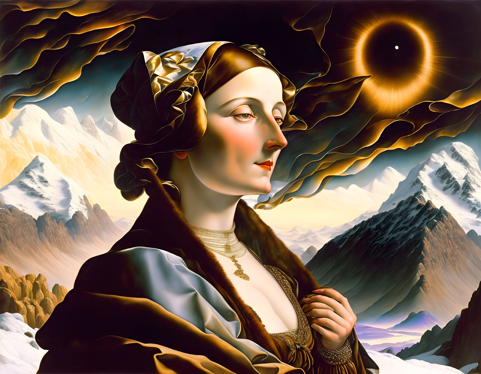 Surrealist portrait of woman with mountainous landscape and solar eclipse