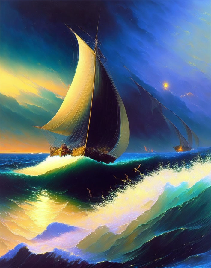 Vibrant painting: sailing ships on tumultuous sea waves under dramatic sky