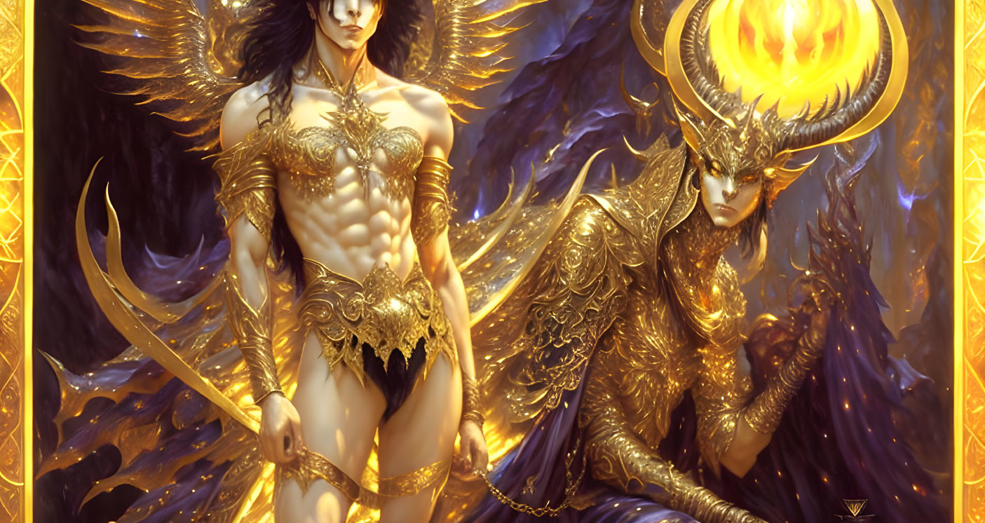 Fantasy characters with dark feathery wings and golden armor holding a fiery orb
