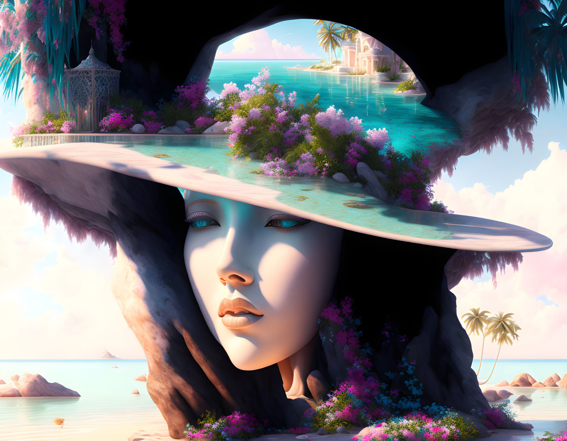 Fantasy landscape with giant woman's face in rocky cave and wide-brimmed hat overlooking beach.
