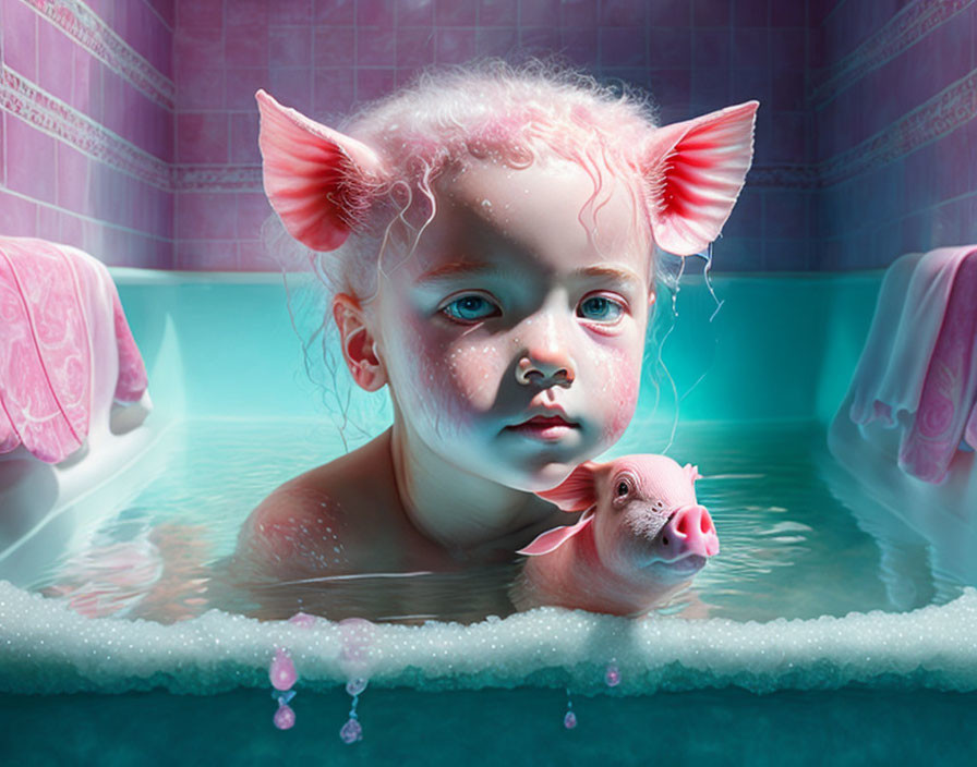 Surreal image of child with pig ears in bubble bath