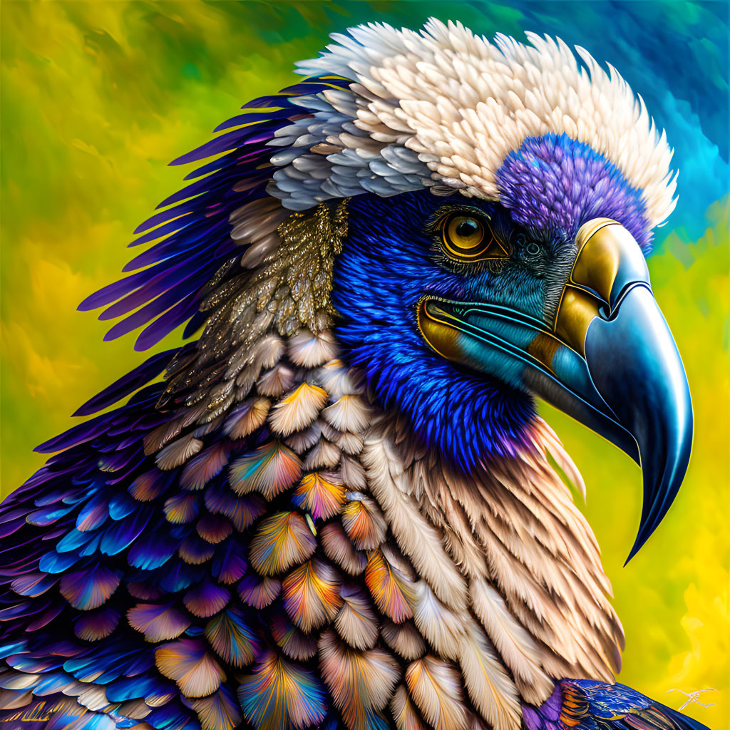 Vibrant bird digital art with blue face and golden beak