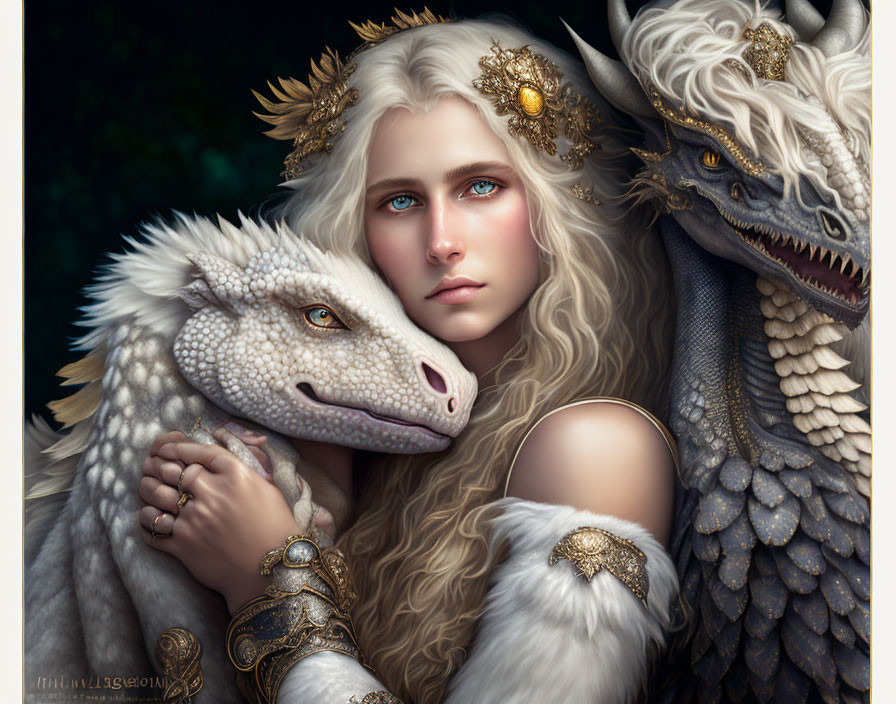 Pale woman with blue eyes embraces small white dragon, facing larger fierce dragon adorned in gold.