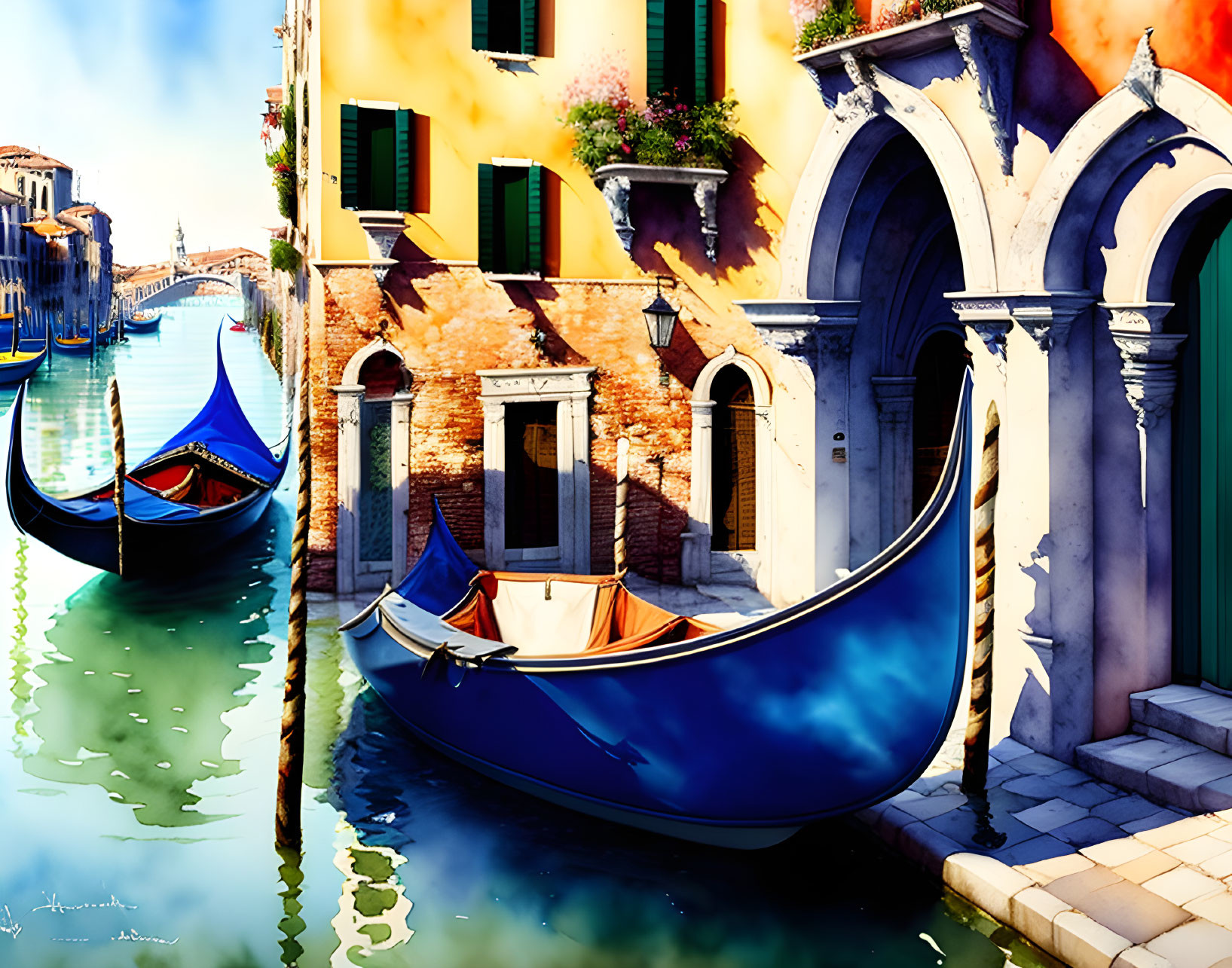 Colorful Venice Canal Scene with Gondolas and Flowers