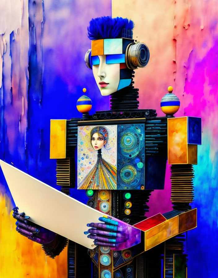 Colorful Abstract Art: Robotic Figure Holding Canvas in Futuristic Style