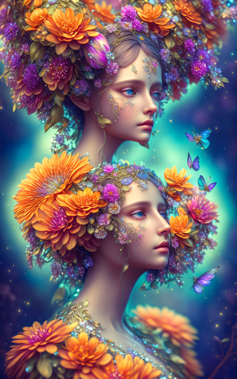 Ethereal females with orange floral wreaths and body art, surrounded by butterflies on blue background