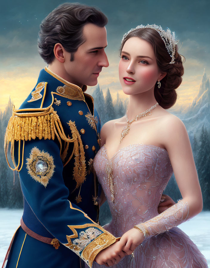 Royal couple in blue uniform and tiara gaze lovingly in wintry setting