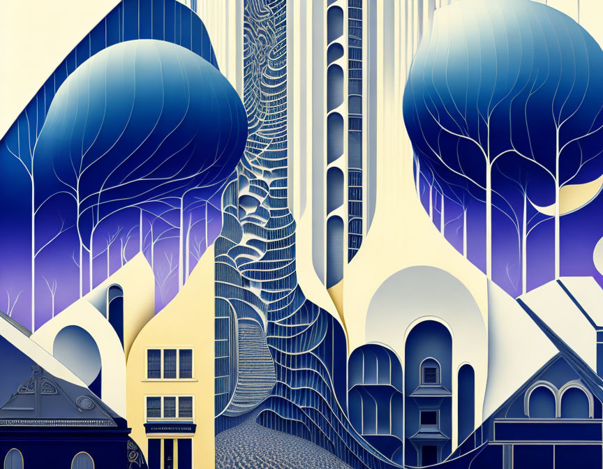 Surreal digital artwork: Blue architectural landscape with trees and buildings