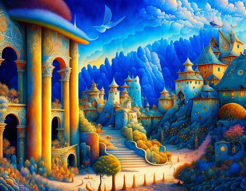 Whimsical fantasy landscape with blue and orange castles, lush trees, meandering path, and