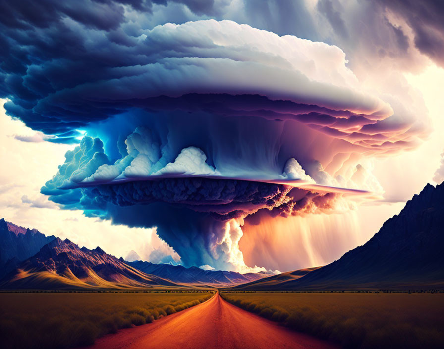 Dramatic supercell thunderstorm over straight road in valley with mountains