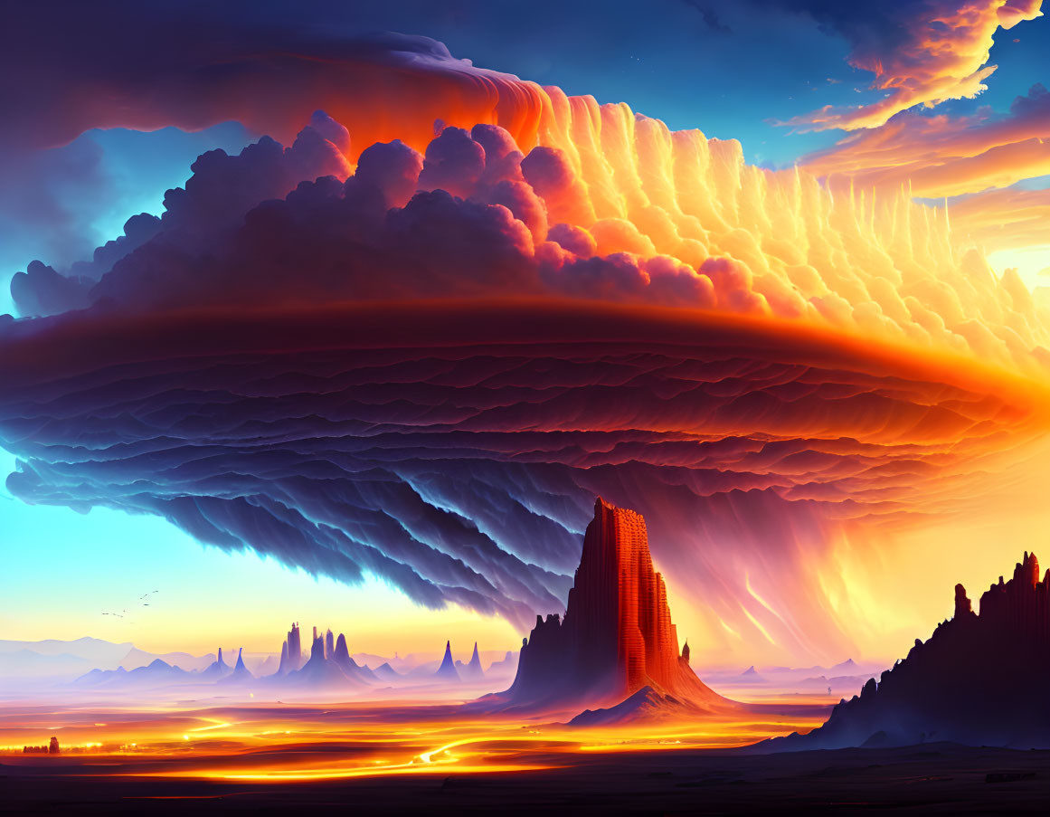 Surreal sunset landscape with vibrant cloud formation