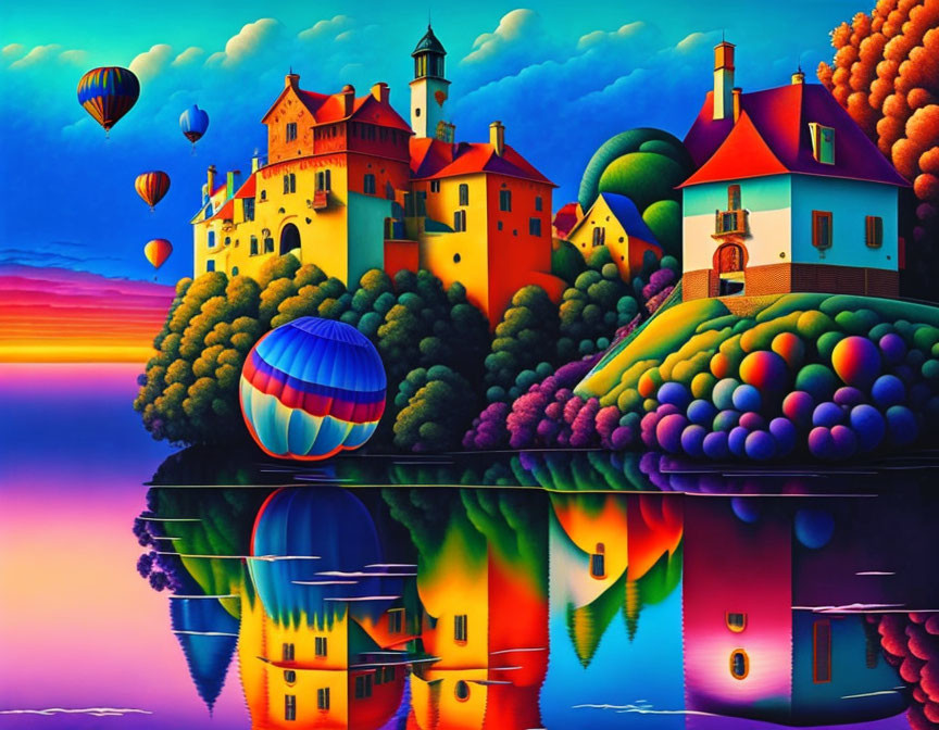 Colorful surreal landscape with castles, rolling hills, and hot air balloons