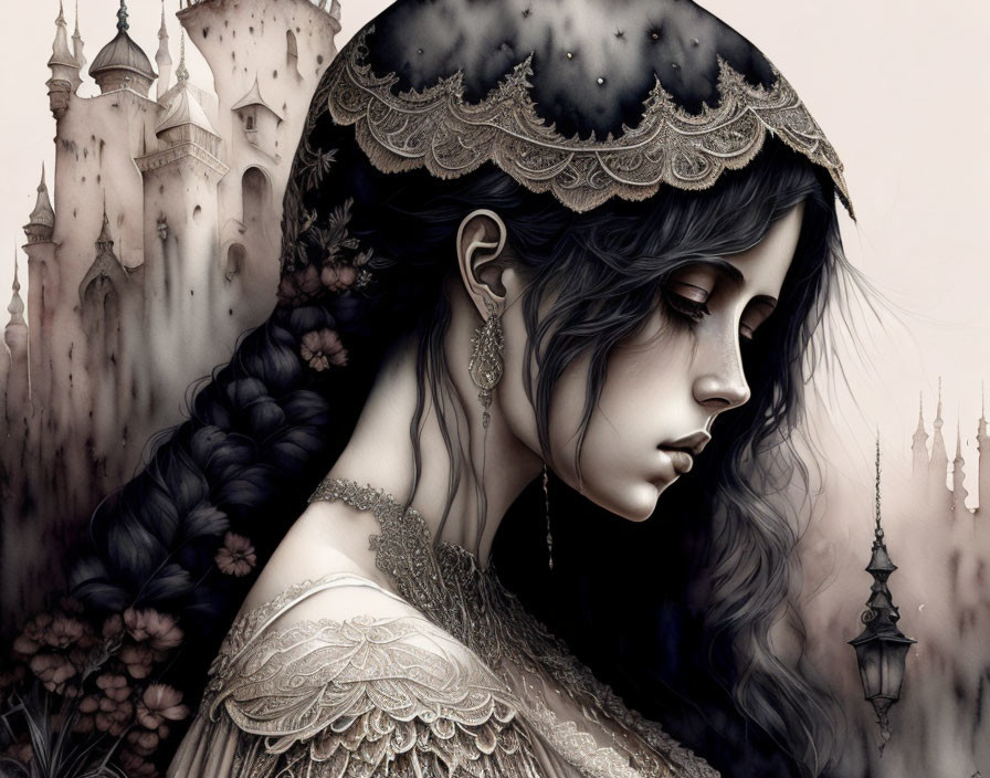 Dark-haired fantasy maiden in regal attire with lace veil, set against castle backdrop