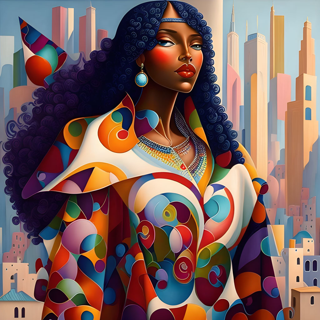 Colorful illustration: woman with purple hair in vibrant clothes against abstract cityscape.