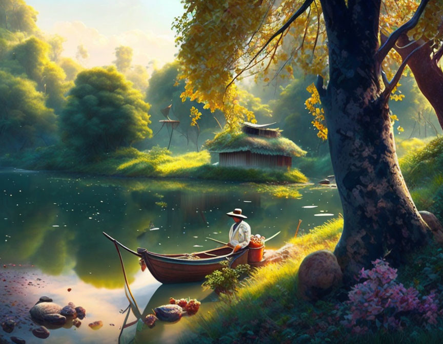 Tranquil landscape with person in boat near riverbank