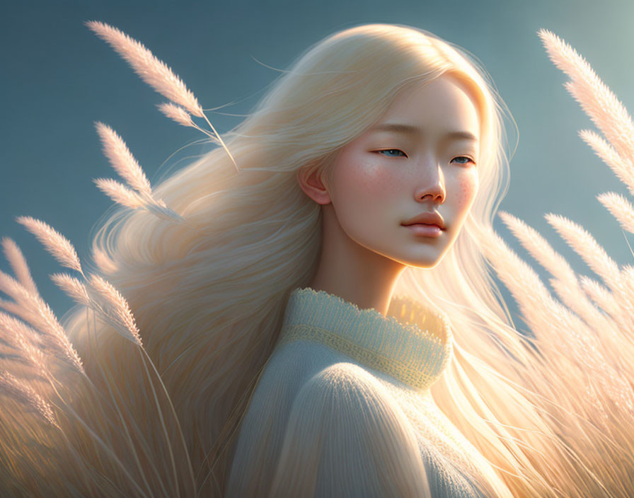 Digital artwork: Pale-skinned woman with long white hair in golden grasses on light blue background