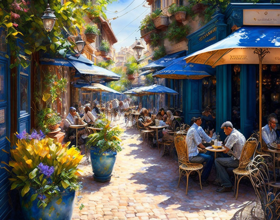 European Street Scene with Outdoor Dining, Cobblestone Paths, Yellow Flowers, and Vintage Lamps