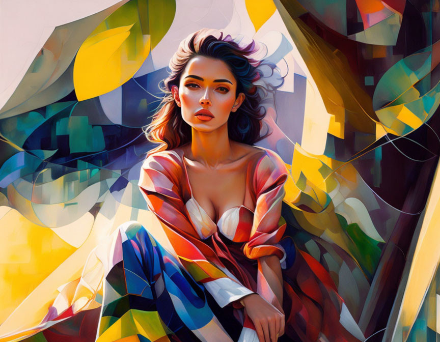 Colorful Painting of Woman with Flowing Hair & Abstract Geometric Shapes