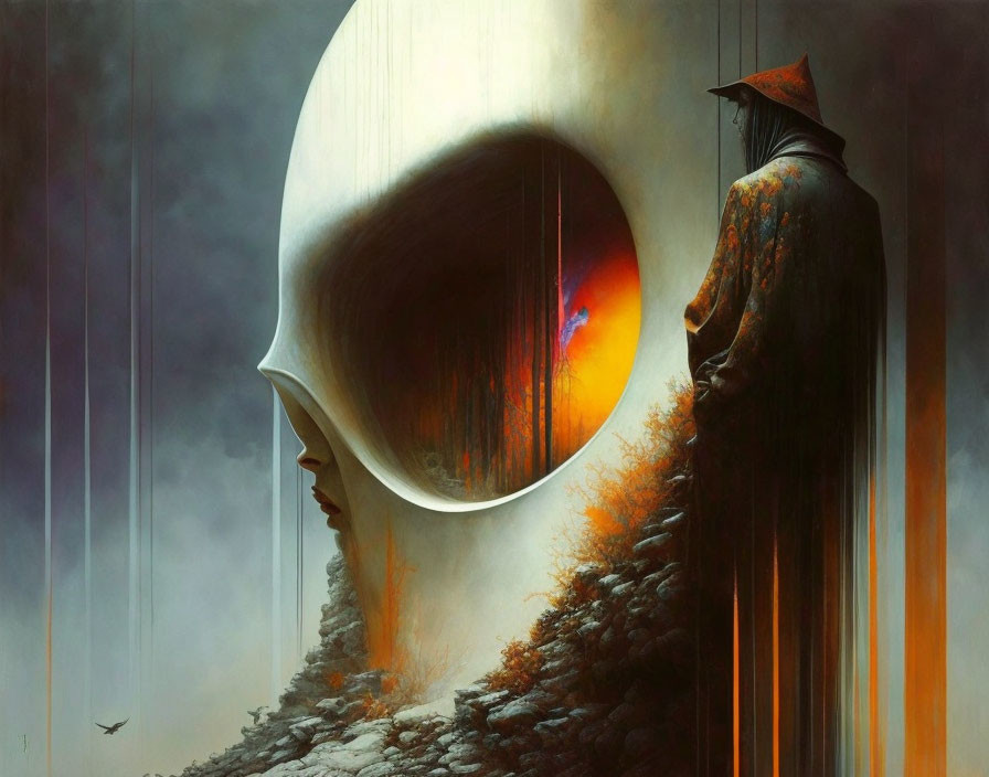 Surreal painting: cloaked figure beside colossal mask under fiery sky